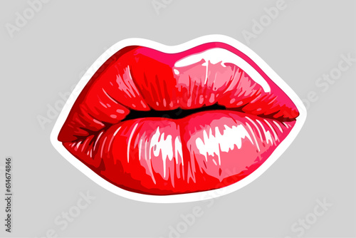 Glossy colored and sexy red lips. Vector illustration isolated on white background. Hot kiss sticker lips with red lipstick