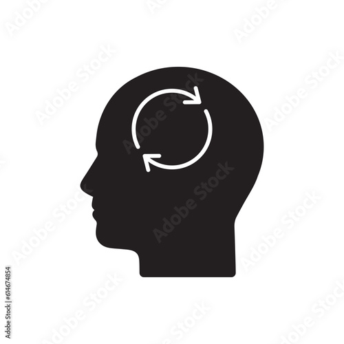 Human head with refresh sign inside glyph icon. Artificial intelligence. Silhouette symbol. Synchronization process. Negative space. Vector isolated illustration