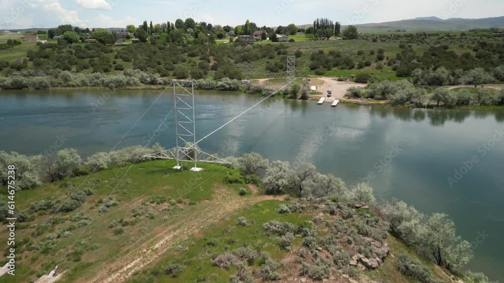 Aerial over boat launch and campsites on Snake River in Burley Idaho Aerial over boat launch and campsites on Snake River in Burley Idaho