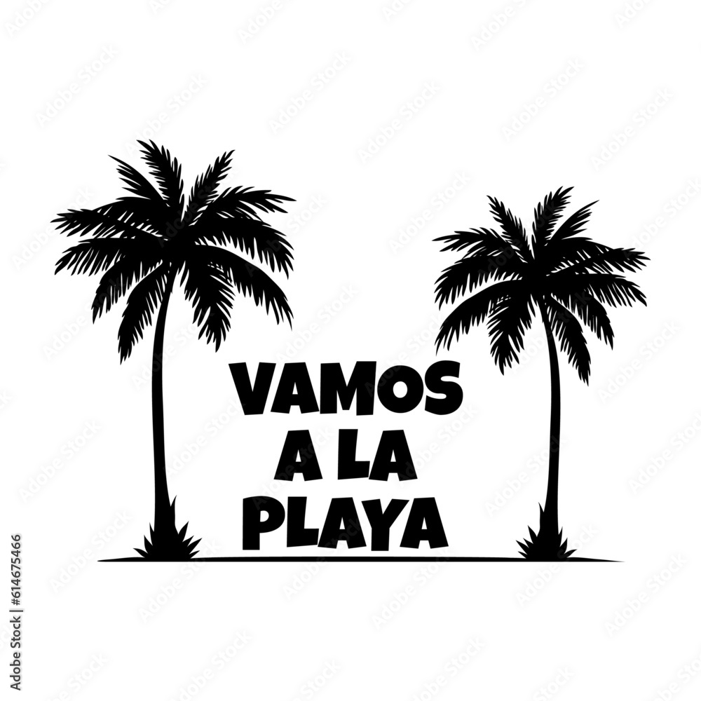 Logo vacaciones en la playa. Letras de la frase Vamos a la playa en español en la arena de una playa con silueta de palmeras