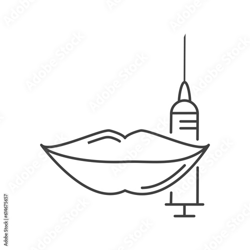 Lip dermal filler plumping injection for volume enhancement. Mouth cosmetic treatment of contouring and reshaping correction. Aesthetic cosmetology and rejuvenation beauty concept. Linear vector icon.