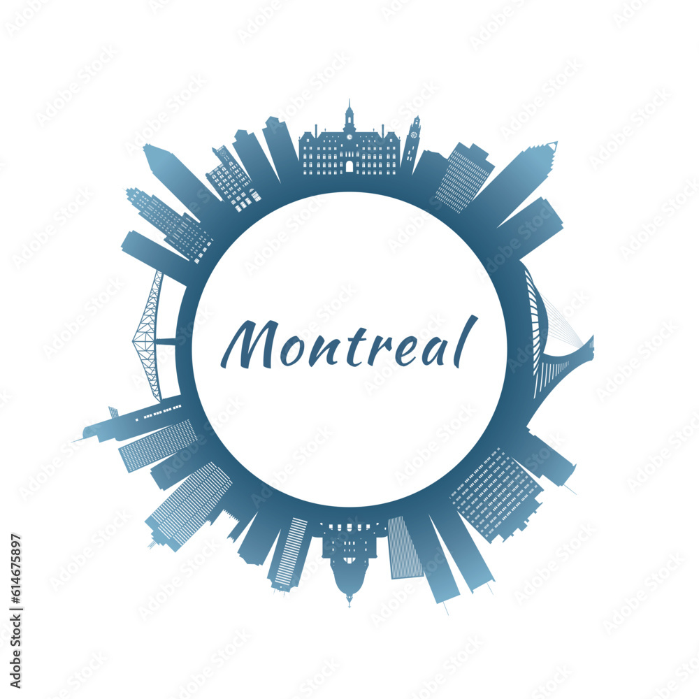 Montreal skyline with colorful buildings. Circular style. Stock vector illustration.