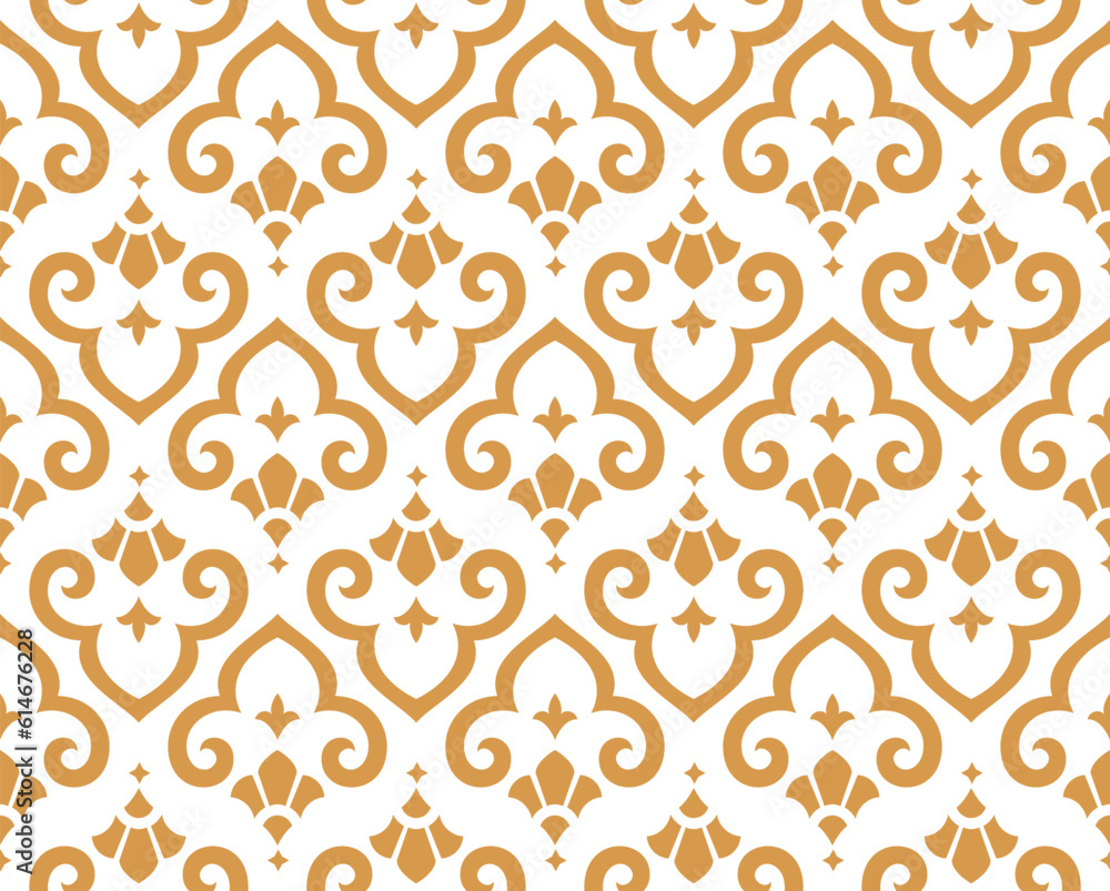 Flower geometric pattern. Seamless vector background. White and gold ornament. Ornament for fabric, wallpaper, packaging. Decorative print Flower geometric pattern. Seamless vector background. White and gold ornament. Ornament for fabric, wallpaper, packaging. Decorative print
