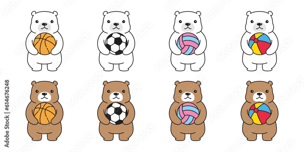 Fototapeta premium Bear vector polar bear icon sport beach ball soccer football basketball volleyball character cartoon logo teddy symbol doodle animal illustration isolated design