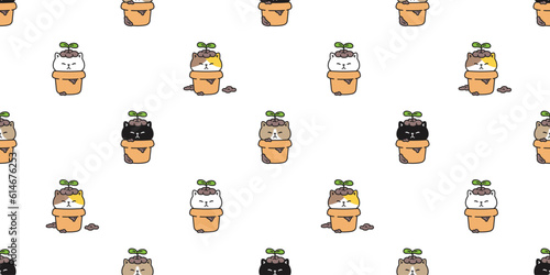 cat seamless pattern kitten plant pot calico neko vector character cartoon face head breed pet gift wrapping paper tile background repeat wallpaper animal doodle illustration design scarf isolated