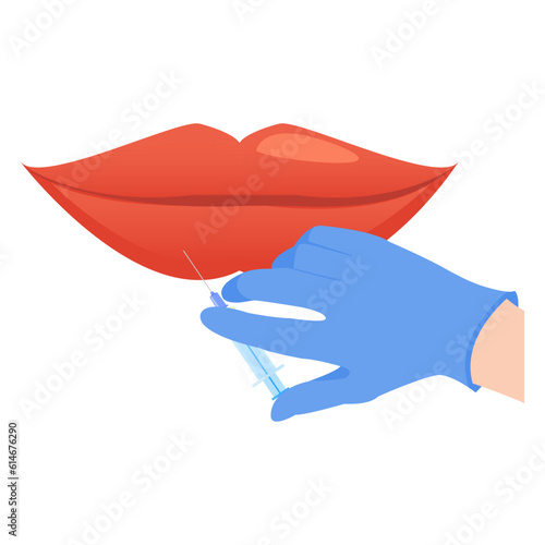 Lip dermal filler plumping injection for volume enhancement. Mouth cosmetic treatment of contouring and reshaping correction. Rejuvenation beauty concept. Flat vector illustration isolated on white.