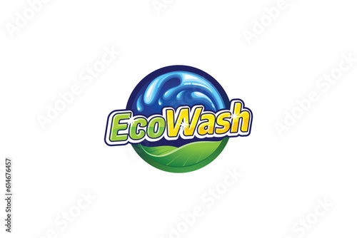 eco wash logo with a combination of leaves, water splashes, bubbles, and typography with an eye catching look for laundry business, car wash, etc.
