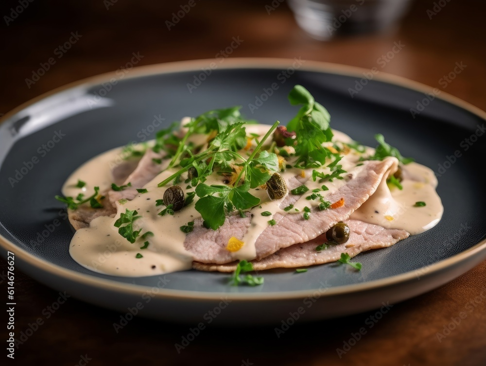 Vitello Tonnato elegantly plated with thinly sliced veal, creamy sauce, capers, and a sprinkle of fresh parsley