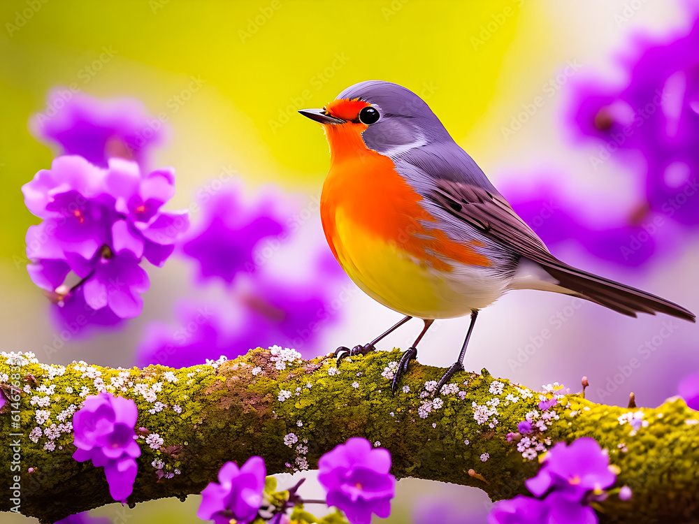 Robin bird in Spring season on a tree branch covered with flowers. Robin bird in Spring season on a tree branch covered with flowers.