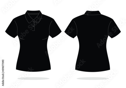 Women's Blank Black Short Sleeve Polo Shirt Template On White Background.Front and Back View, Vector File