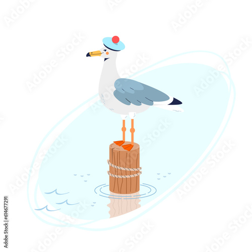 Sea gull in sailor's cap sits on pole by the sea. Cute vector children´s illustration in cartoon style. Side view.