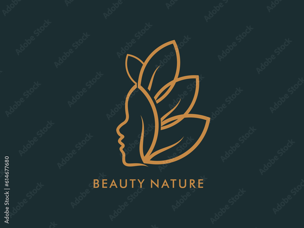 Beautiful woman's face with leaf logo design template. Creative premium symbol for beauty salon, massage, magazine, cosmetic and spa.