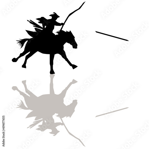 イラスト素材　　武将　シルエット　影　甲冑　弓　馬　ベクター
