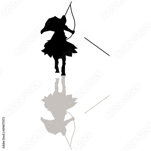 イラスト素材　　武将　シルエット　影　甲冑　弓　馬　ベクター