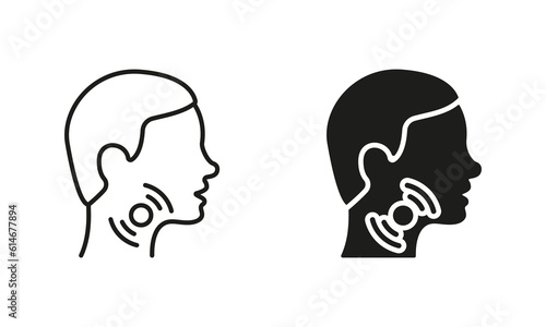 Sore Throat Line and Silhouette Icon Set. Painful Sore Throat Symbol Collection. Male Head with Symptoms of Angina, Flu, Cold Pictogram. Isolated Vector illustration