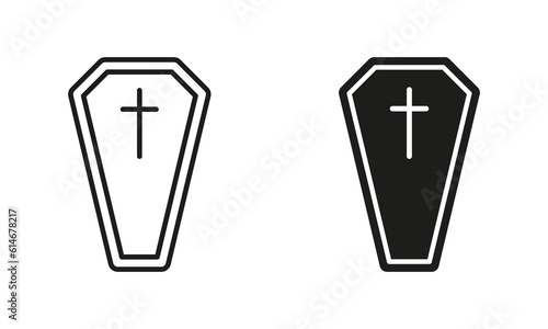 Coffin Casket Line and Silhouette Black Icon Set. Spooky Death, Wooden Grave, Funeral Cemetery Pictogram. Halloween Holiday Decoration Symbol Collection. Isolated Vector Illustration