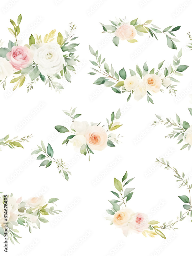 Watercolor floral illustration individual elements set - green leaves, burgundy pink peach blush white flowers, branches. Wedding invitations wallpapers fashion prints. Eucalyptus, olive, peony, rose.