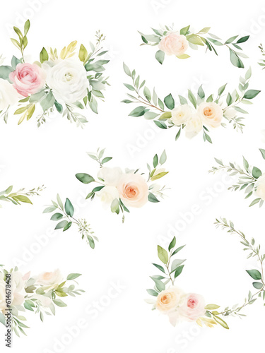 Watercolor floral illustration individual elements set - green leaves  burgundy pink peach blush white flowers  branches. Wedding invitations wallpapers fashion prints. Eucalyptus  olive  peony  rose.