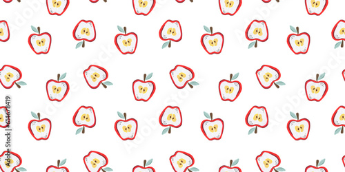Summer bright seamless pattern with cute apples on a white background. Pattern for textiles, wrapping paper, backgrounds, wallpapers, decor