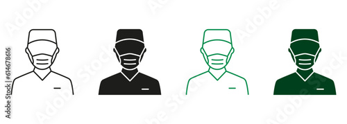 Surgeon Man Line and Silhouette Icons. Professional Surgeon Doctor, Hospital Staff Black and Color Symbol Collection. Plastic Surgery Specialist in Mask Pictogram Set. Isolated Vector Illustration