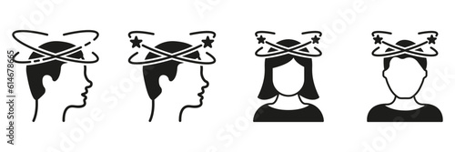 Migraine, Headache, Dizziness, Distracted Head Symbol Collection on White Background. Man and Woman Feel Dizzy Silhouette Black Icon Set. Tired People with Nausea Pictogram. Vector Illustration