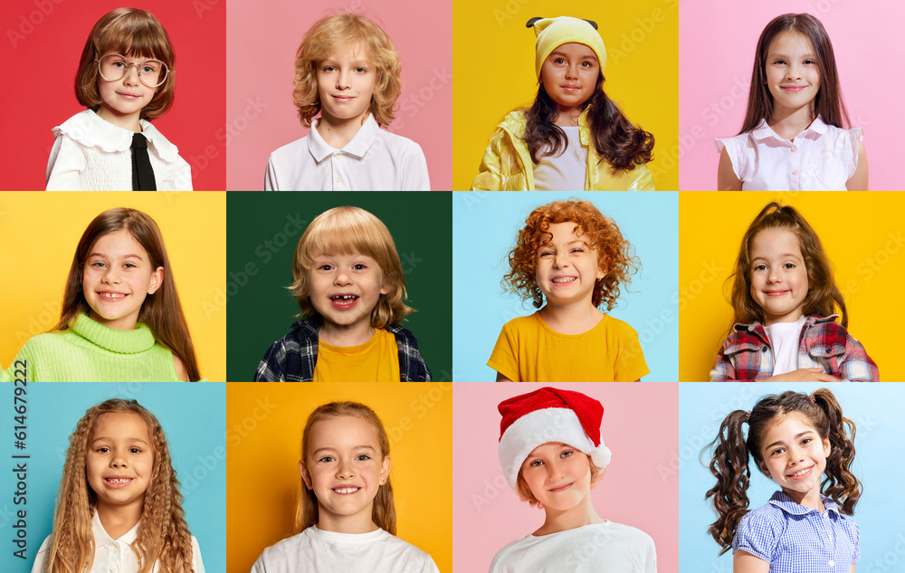 Collage made of portraits of cheerful little boys and girls, children posing, smiling against multicolored background. Concept of human emotions, childhood, lifestyle, facial expression. Ad