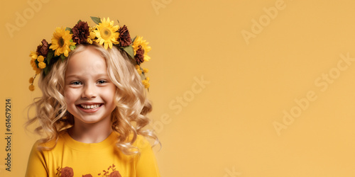 Adorable blond little girl wearing flowers in her hair. Isolated on yellow background 