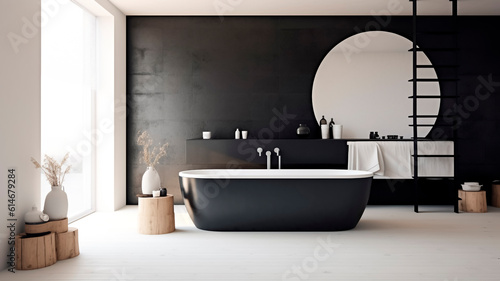 Interior of modern bathroom with black and white walls, comfortable black bathtub and round mirror. Generative AI.