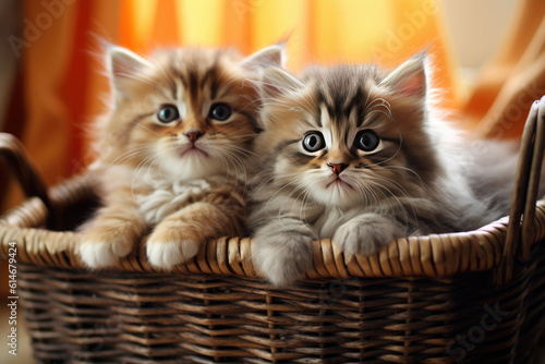 Two cute kittens are sitting in a wicker basket.Generative AI © syhin_stas