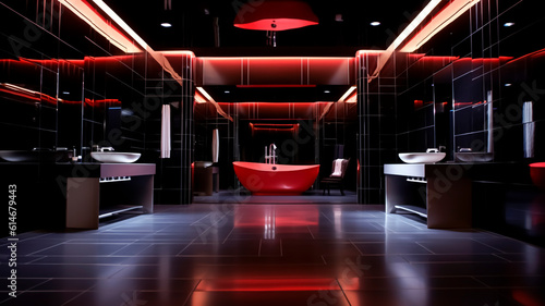 A dark modern bathroom interior design with black and red lighting Generative AI.