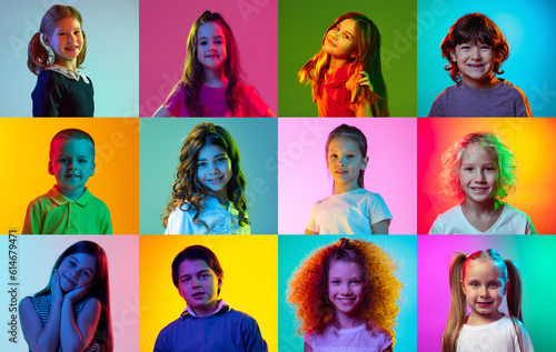Collage made of portraits of cheerful little boys and girls, children posing, smiling against multicolored background in neon. Concept of human emotions, childhood, lifestyle, facial expression. Ad