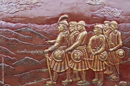Kathmandu, Bagmati Nepal- June 9 2023: 3D painting and wall mural showing the glorious past of the Gurkha warriors from Nepal who rules over Himalayas under Prithvi Narayan in Shah dynasty.