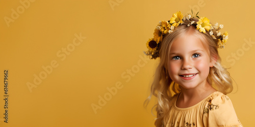 Adorable blond little girl wearing flowers in her hair. Isolated on yellow background 