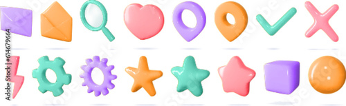 3d icon vector set of isolated sings for buttons in cartoon style. Pink purple pastel set. Settings, search, flash, map geotag concept. Haert for like, yes and no, review and rating buttons.