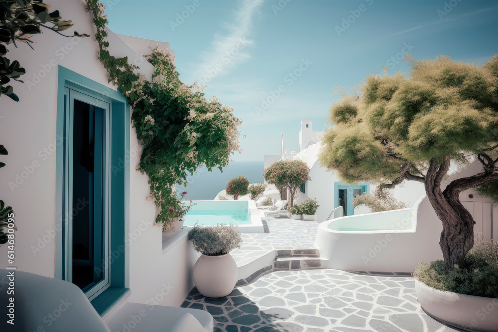 Fototapeta premium Cozy mediterranean street. Modern white elegant greek house exterior with sea view, blue door and blooming plant climbing a wall. Traditional villa of Santorini. Generative AI, human enhanced