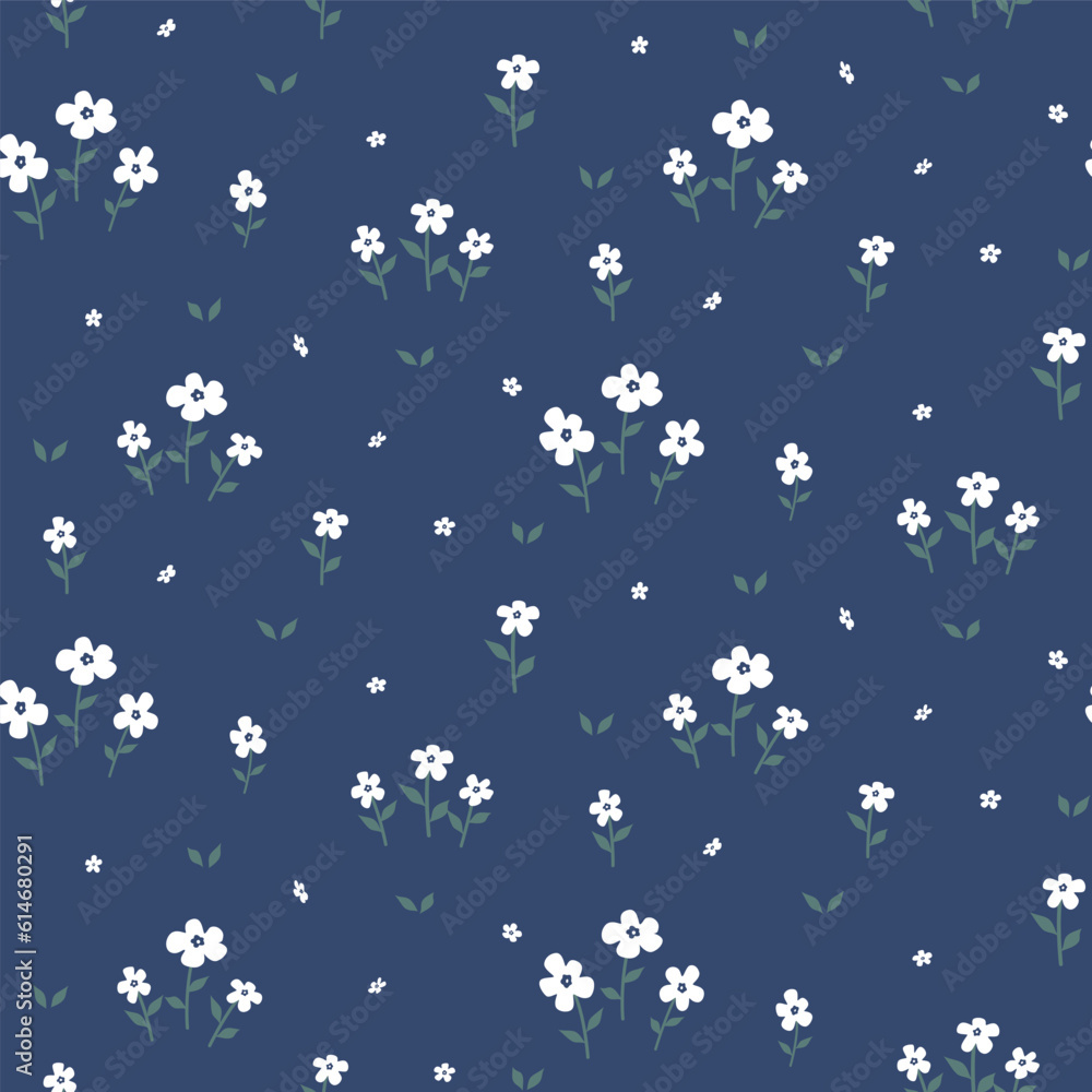 Floral seamless pattern. White flowers and green leaves on navy background