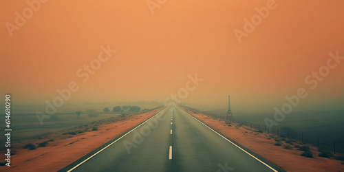 Minimalistic misty empty highway. Foggy road. Mystery travel concept. Generative AI © AngrySun