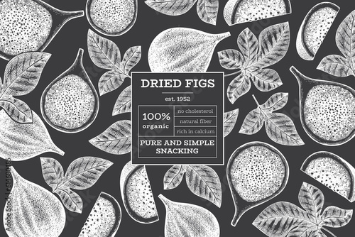Hand drawn fig fruits design template. Organic fresh food vector illustration on chalk board. Retro fig fruit banner.