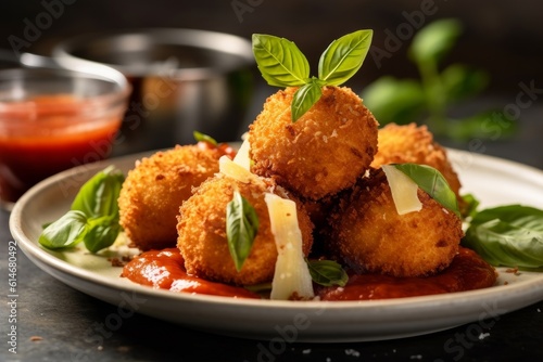 plate of Arancini with a side of marinara sauce and fresh basil leaves