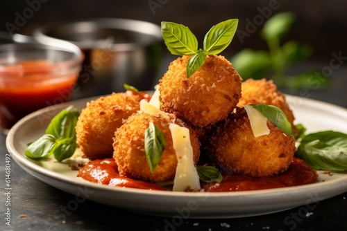 plate of Arancini with a side of marinara sauce and fresh basil leaves photo