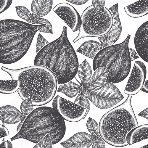 Hand drawn fig fruits seamless pattern. Organic fresh food vector illustration. Retro fig fruit background.