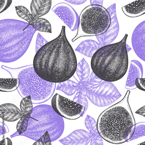 Hand drawn fig fruits seamless pattern. Organic fresh food vector illustration. Retro fig fruit background.