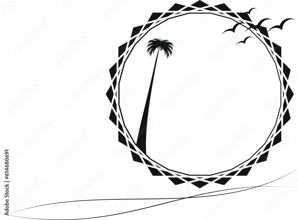 Tropical island with palm doodle icon. Outline tropical seascape. Palm, beach, sun, sea and seagulls. Tropical island with palm doodle icon. Outline tropical seascape. Palm, beach, sun, sea and seagulls.