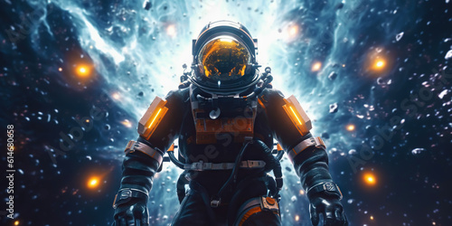 Portrait of astronaut floating in space with a asteroids, space rocks, burning sparks on backdrop. Generative AI