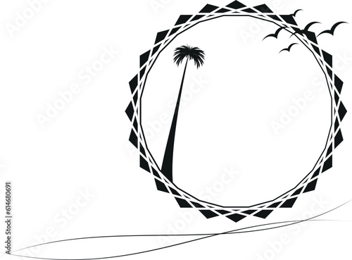 Tropical island with palm doodle icon. Outline tropical seascape. Palm, beach, sun, sea and seagulls.
