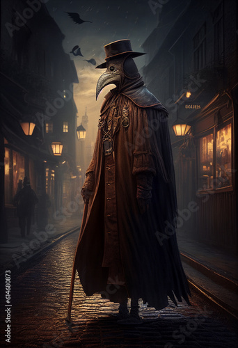 The plague doctor walks through the night streets of the city. AI Generated