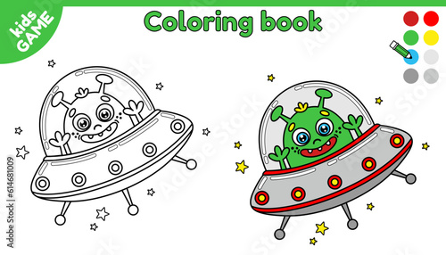 Page of coloring book for kids. Color cartoon alien in flying saucer. Outline extraterrestrial in space. Activity for kindergarten and preschool children. Isolated vector black and white design.
