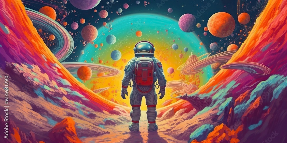 AI Generated. AI Generative. Space galaxy universe astronaut cosmos walk in planet surface. psychedelic synthwave style. Graphic Art AI Generated. AI Generative. Space galaxy universe astronaut cosmos walk in planet surface. psychedelic synthwave style. Graphic Art