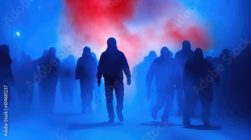 Red-blue police flasher, siluets of rioting people. Generative AI