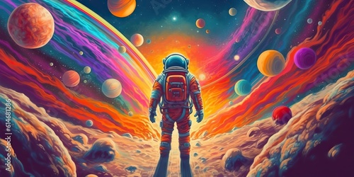 AI Generated. AI Generative. Space galaxy universe astronaut cosmos walk in planet surface. psychedelic synthwave style. Graphic Art